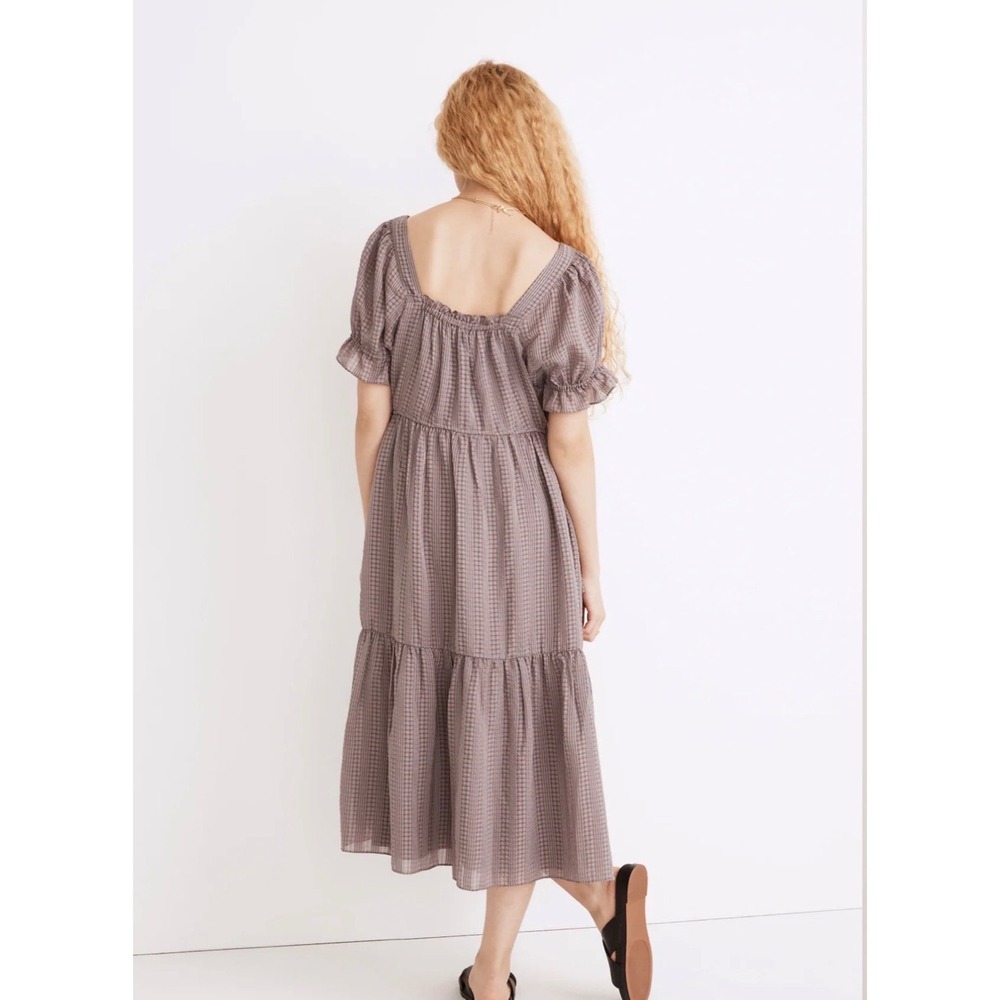 Madewell Mauve Square-Neck Tiered Midi Dress in‎ Textured Seersucker L NEW - Picture 2 of 7
